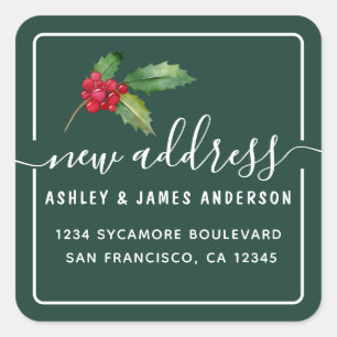 Forest Green Holly Berry New Address Square Sticker