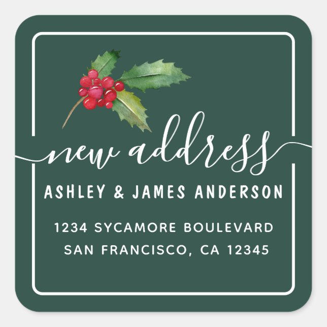 Forest Green Holly Berry New Address Square Sticker (Front)
