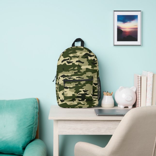 Forest Green Khaki Military Camo Design Pattern Printed Backpack (Insitu)