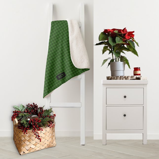 Forest Green Knitted Look Plaid - Add Initials to  Sherpa Blanket (Creator Uploaded)