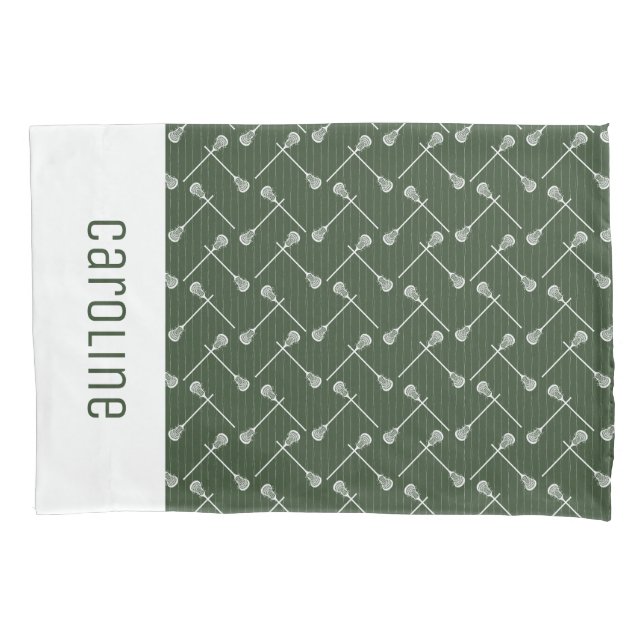 Forest Green Lacrosse White Sticks Patterned Pillowcase (Front)