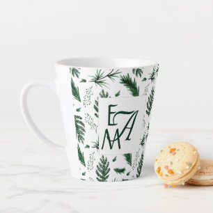 Forest Green Leaves 3 Monogram Newlyweds Decor Latte Mug