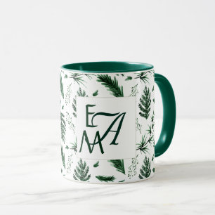 Forest Green Leaves 3 Monogram Newlyweds Decor Mug