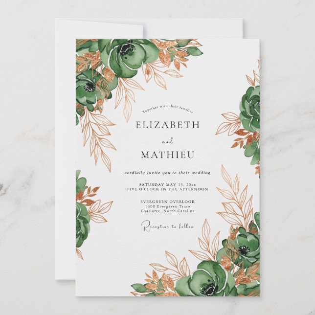 Forest Green Lustrous Botanical Wedding Invitation (Front)