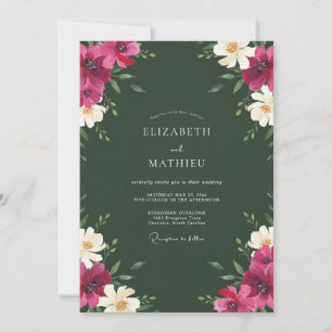 Forest Green Magenta Floral Wedding Invitation