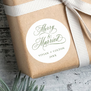 Forest Green Merry & Married Newly Weds Christmas  Classic Round Sticker