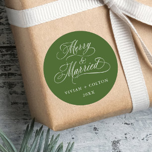 Forest Green Merry & Married Newly Weds Christmas Classic Round Sticker