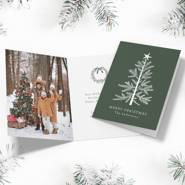 Forest Green Minimal Christmas Pine Tree Photo  Holiday Card (Front & Inside)