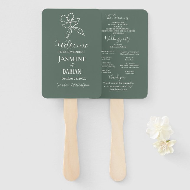  Forest Green Minimal Floral Wedding Hand Fan (Front and Back)
