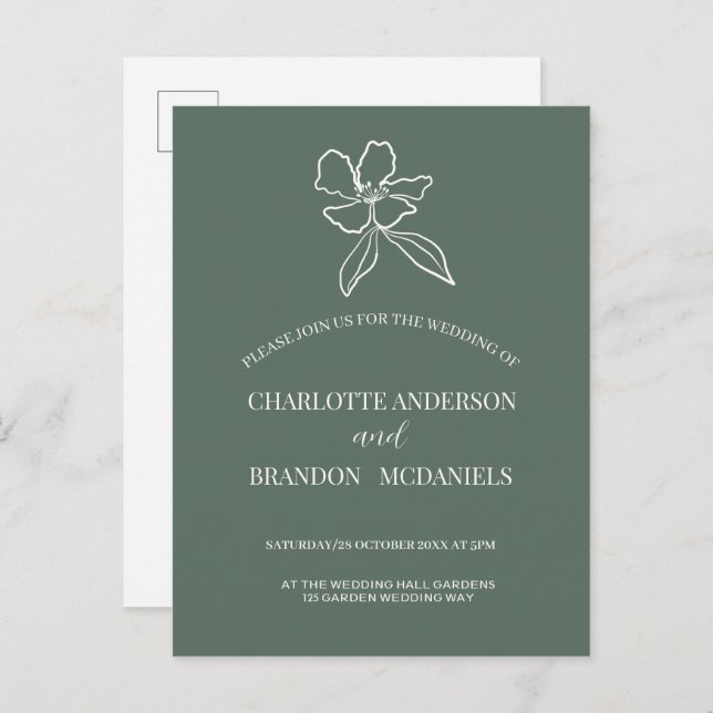 Forest Green Minimal Floral Wedding  Invitation (Front/Back)