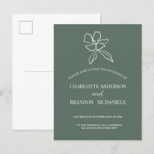 Forest Green Minimal Floral Wedding Invitation Postcard