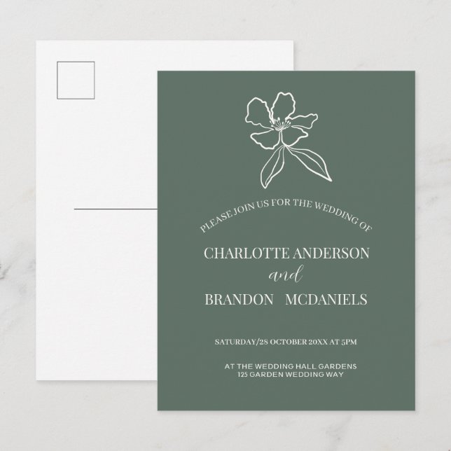 Forest Green Minimal Floral Wedding  Invitation Postcard (Front/Back)