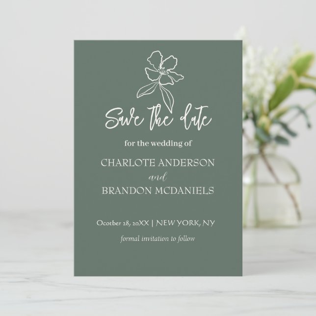 Forest Green Minimal Floral Wedding Save The Date (Standing Front)