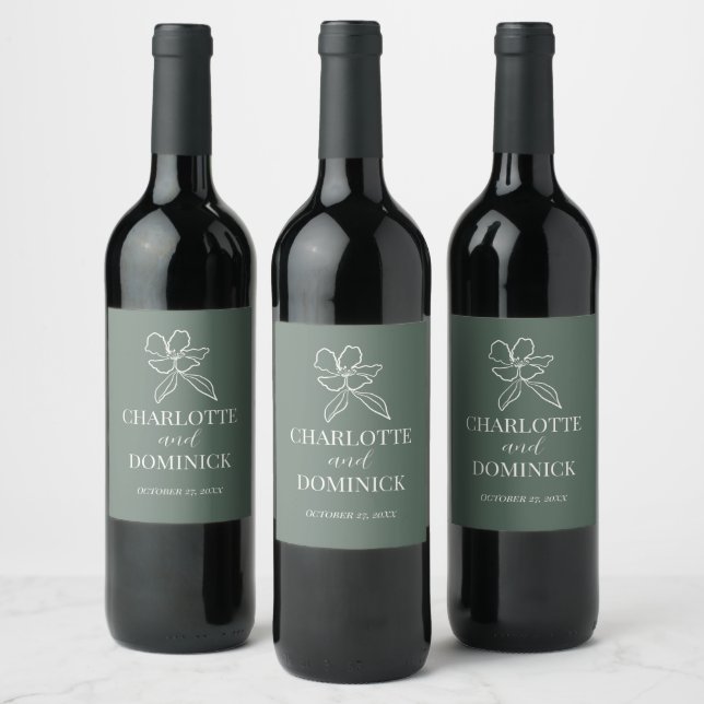 Forest Green Minimal Floral Wedding  Wine Label (Bottles)