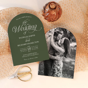 Forest Green Minimalist Arch Wedding Photo Invitation
