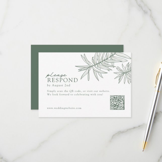 Forest Green Minimalist Botanical QR Code  RSVP Card (Front/Back In Situ)