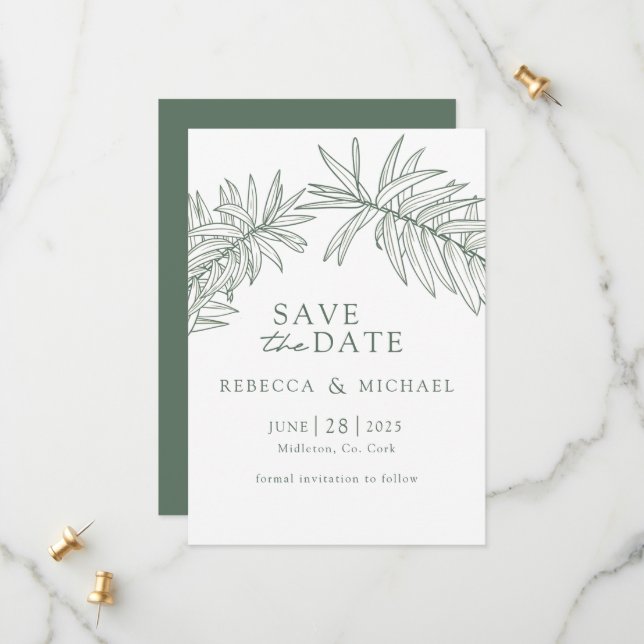 Forest Green Minimalist Botanical  Save The Date (Front/Back In Situ)