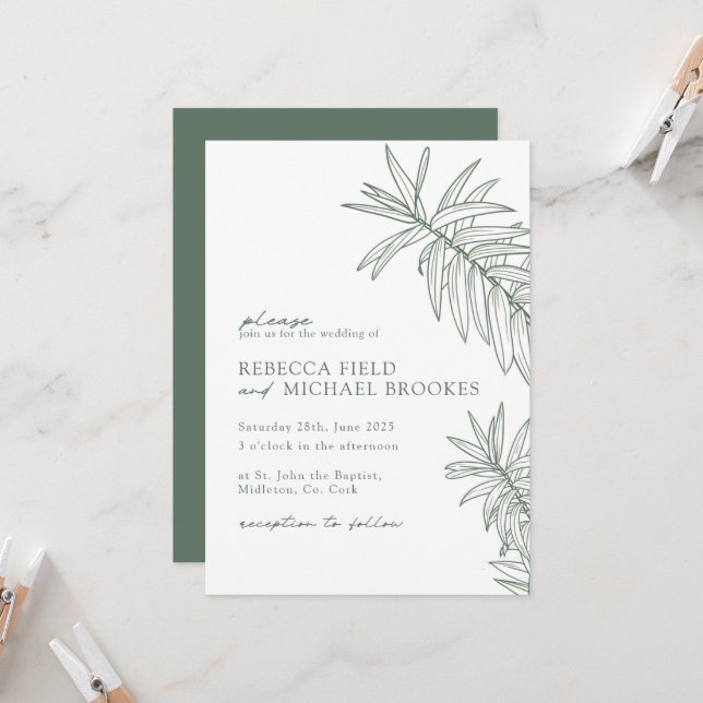 Forest Green Minimalist Botanical Wedding Invitation (Front/Back In Situ)