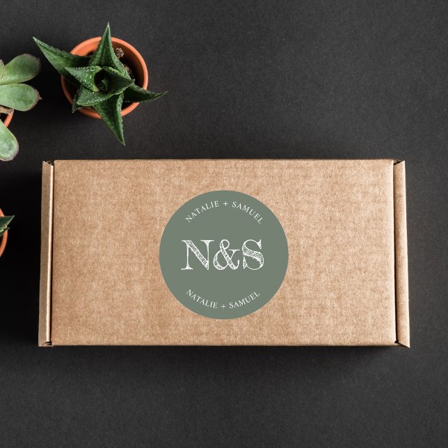 Forest Green Minimalist Elegant Bold Initials Wedd Classic Round Sticker (Creator Uploaded)