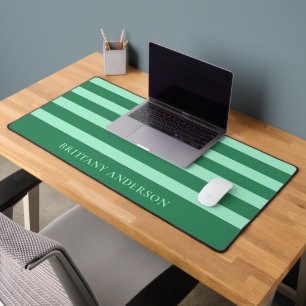 Forest Green & Mint Green Stripes Pattern Name Desk Mat