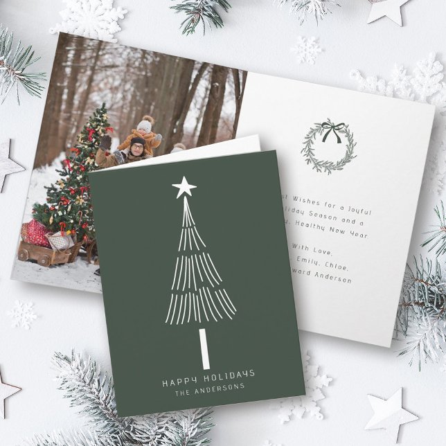 Forest Green Modern Christmas Pine Tree Photo  Holiday Card (Front & Inside)
