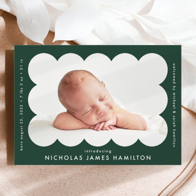 Forest Green Modern Scalloped Photo Frame Birth Announcement (Creator Uploaded)