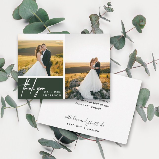 Forest Green Modern Script 2 Photo Wedding (Two photo hand lettered thank you wedding card with a minimalistic design perfect for any couple.)