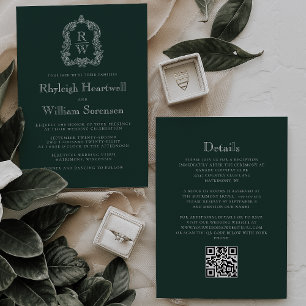 Forest Green Monogram Crest QR Code Wedding Invitation