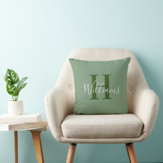 Forest Green Monogram Name Script Typography Cushion