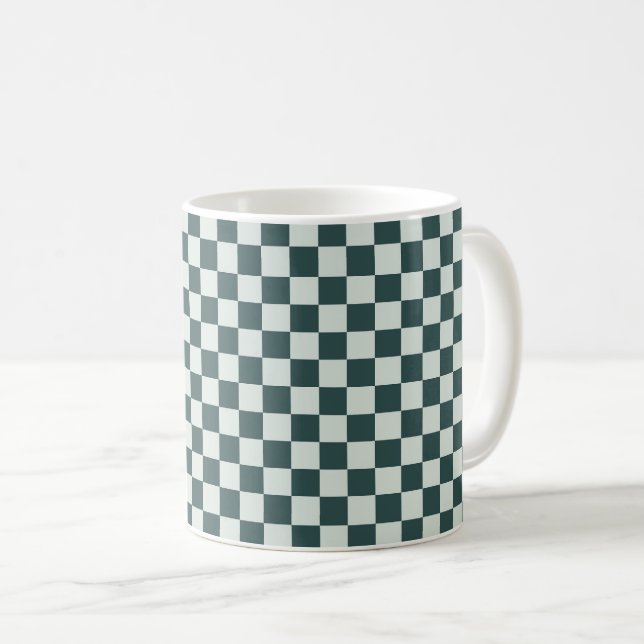 Forest green moss chequerboard pattern coffee mug (Front Right)