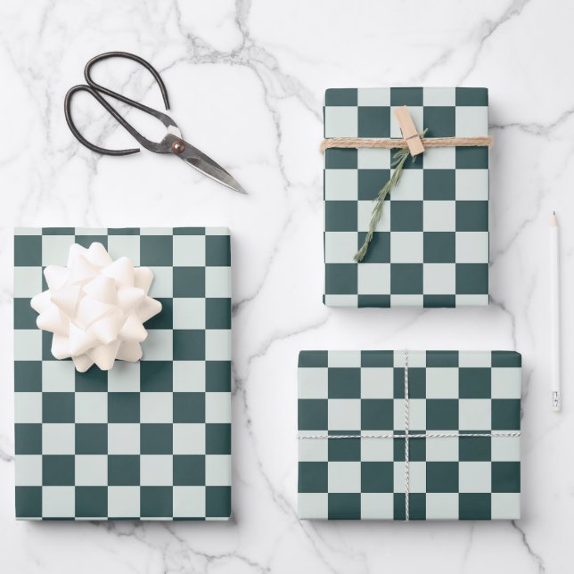 Forest green moss chequerboard pattern wrapping paper sheet (Front)