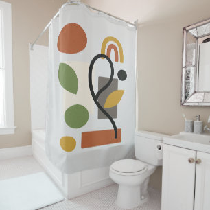 Forest Green & Mustard Yellow Botanical Geometry Shower Curtain