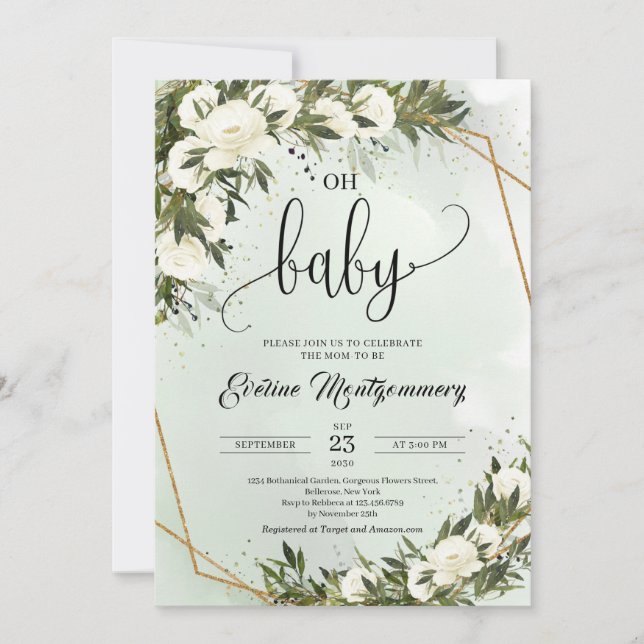 Forest Green Olive foliage White Roses Oh Baby Invitation (Front)