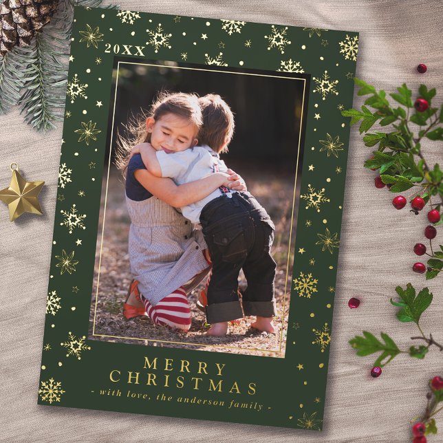 Forest Green Olive Formal Christmas Portrait Photo Foil Holiday Card (Creator Uploaded)