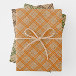 Forest Green Orange Tartan Faux Rustic Brown Kraft Wrapping Paper Sheet