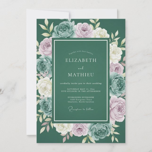 Forest Green Painterly Botanical Wedding Invitation (Front)