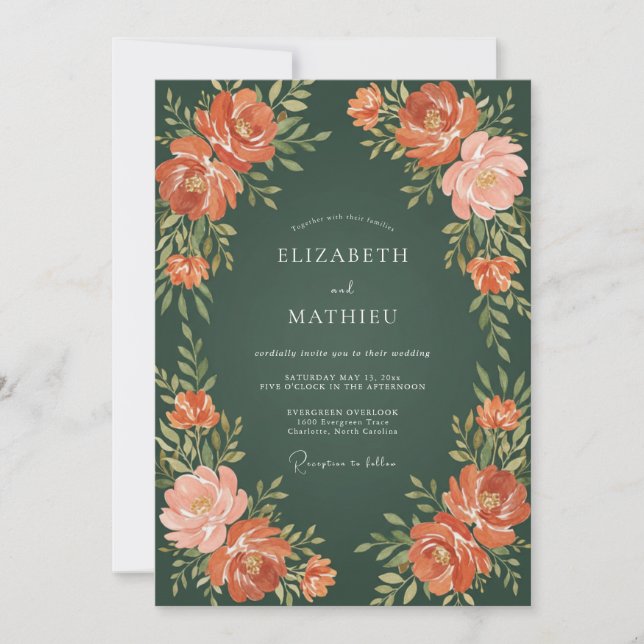 Forest Green Peach Floral Wedding Invitation (Front)