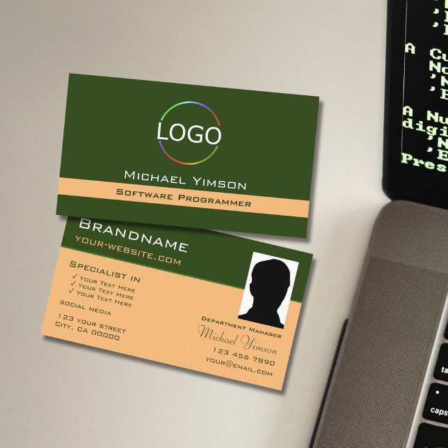 Forest Green Peach with Logo & Photo Professional Business Card (Creator Uploaded)