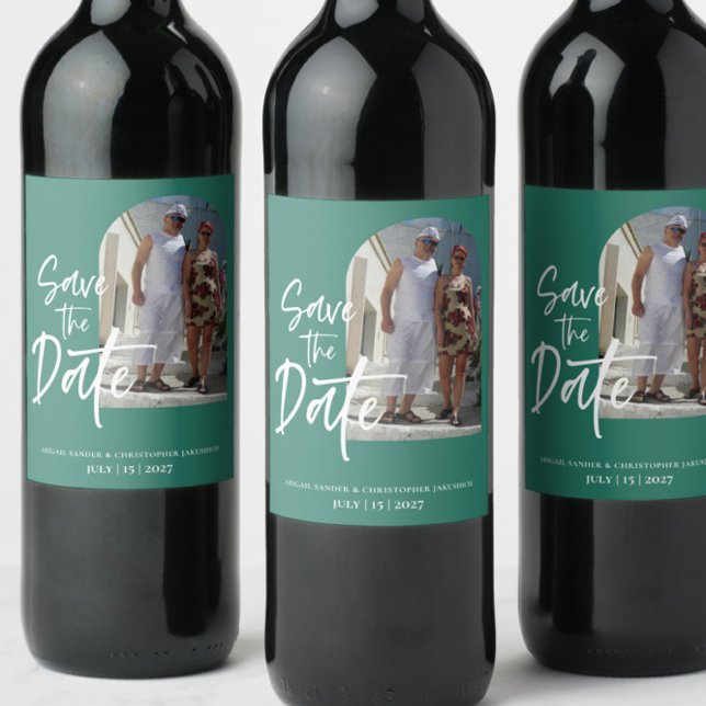 Forest Green Photo Save the date Invitation Wine Label (Creator Uploaded)