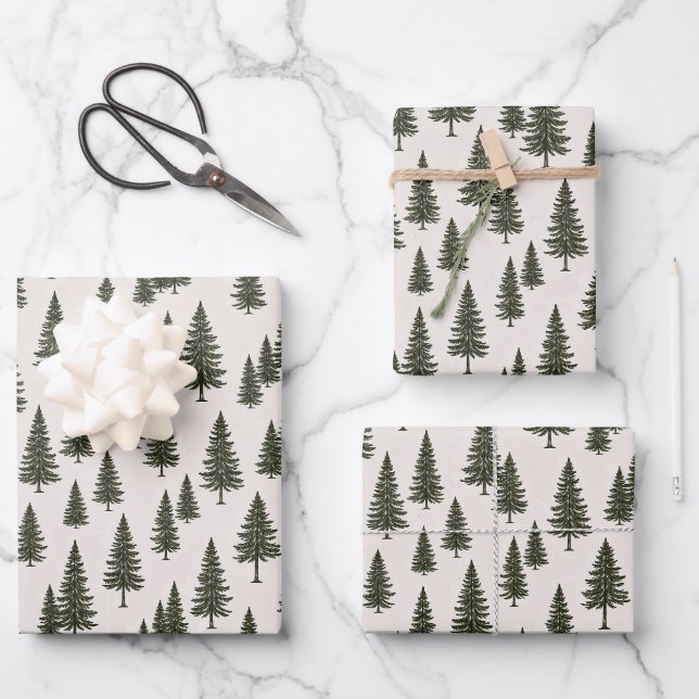 Forest Green Pine Tree Woodland Pattern Wrapping Paper Sheet (Front)