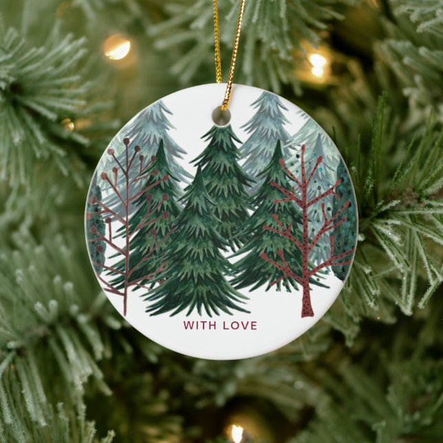 Forest green pine trees Christmas Holiday nature Ceramic Ornament (Tree)