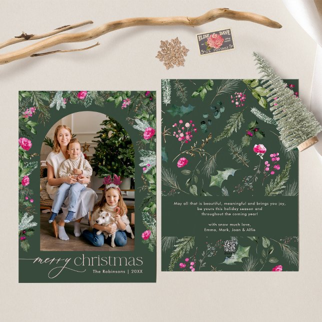 Forest Green Pink Botanical Foliage Arch 1 Photo Holiday Card (Creator Uploaded)
