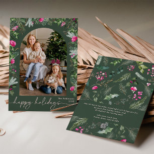 Forest Green Pink Botanical Foliage Arch Photo Holiday Card