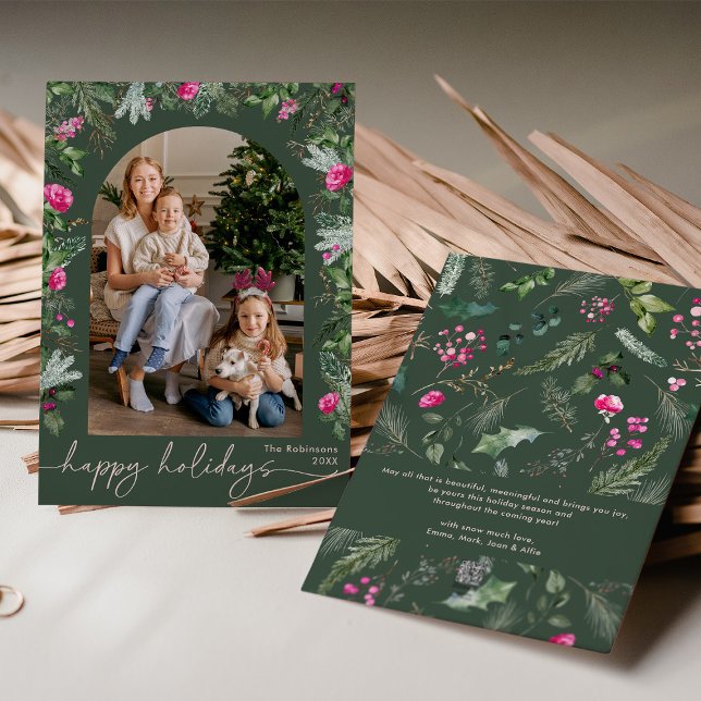 Forest Green Pink Botanical Foliage Arch Photo Holiday Card (Creator Uploaded)