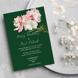 Forest green pink white floral peony Wedding  Invitation