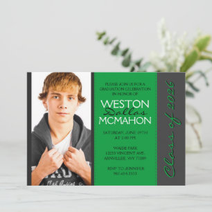 Forest Green & Pinstripe Grey Photo Graduation Invitation