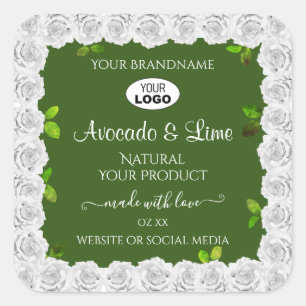 Forest Green Product Labels White Roses with Logo