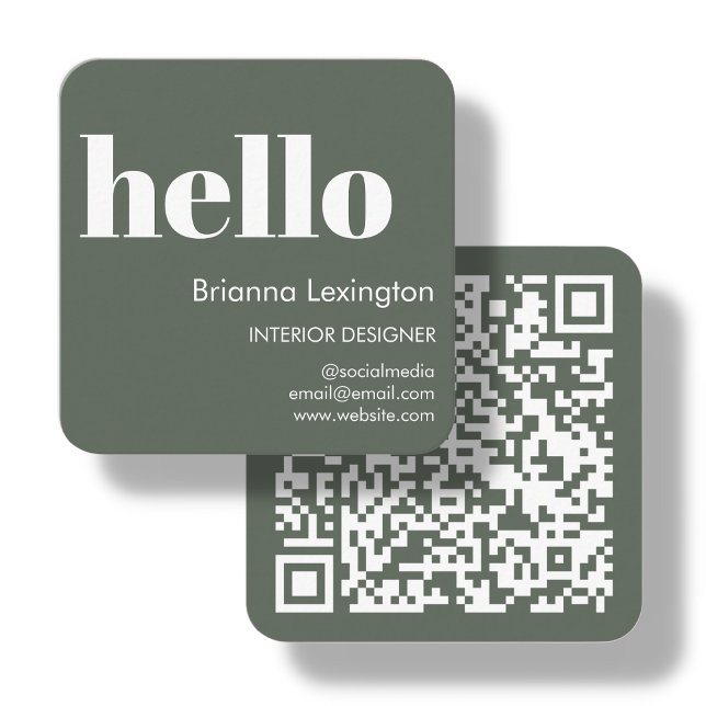 Forest Green |  QR Code Social Media Hello Square Business Card (Creator Uploaded)