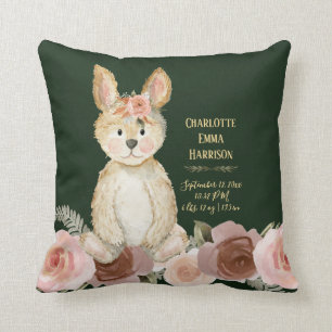 Forest Green Rabbit Blush Floral Baby Birth Stats Cushion