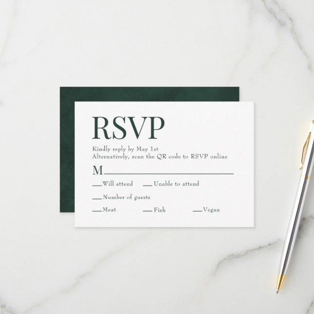 Forest Green Scan Qr Code Meal Choice Wedding RSVP Card (Front/Back In Situ)